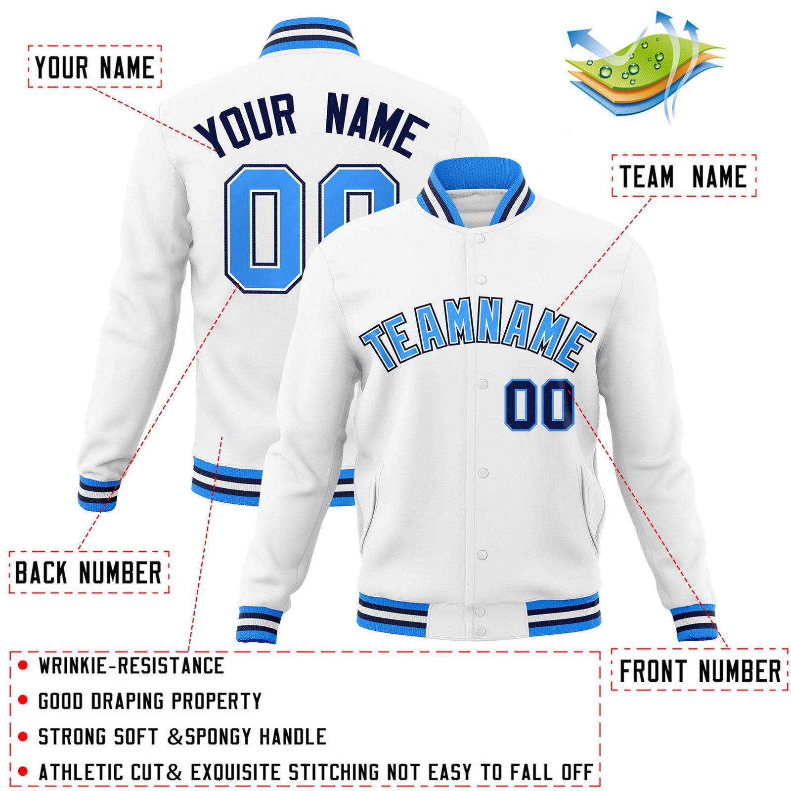 Custom White Powder Blue-White Classic Style Varsity Full-Snap Letterman Jacket