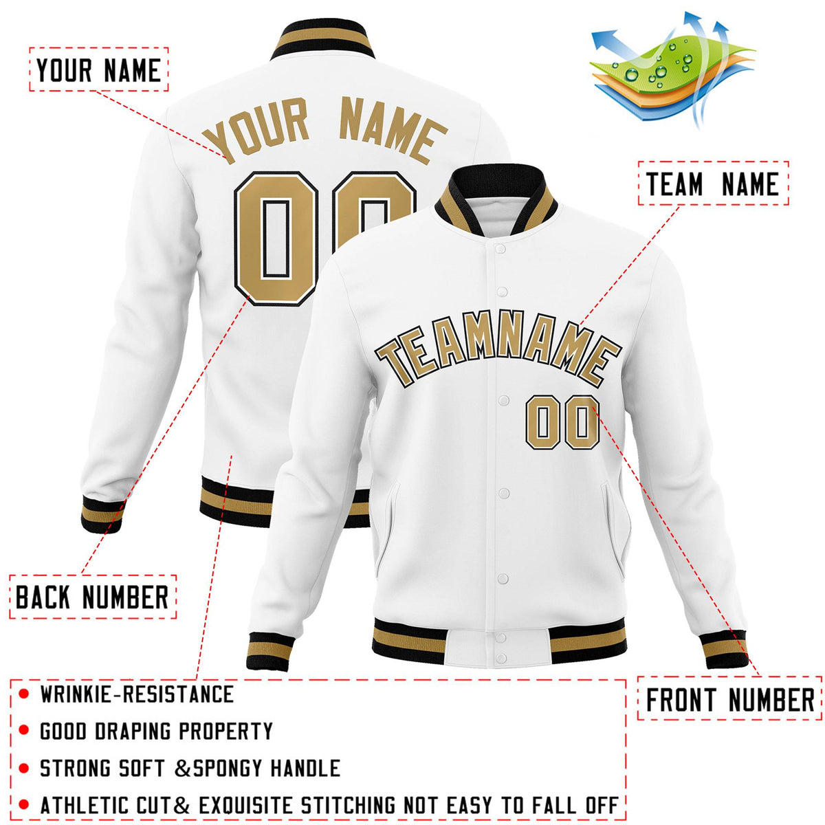 Custom White Old Gold-White Classic Style Varsity Full-Snap Letterman Jacket