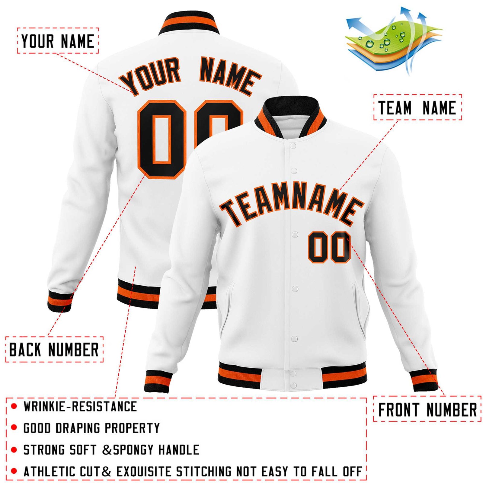 Custom White Black-Orange Classic Style Varsity Full-Snap Letterman Jacket