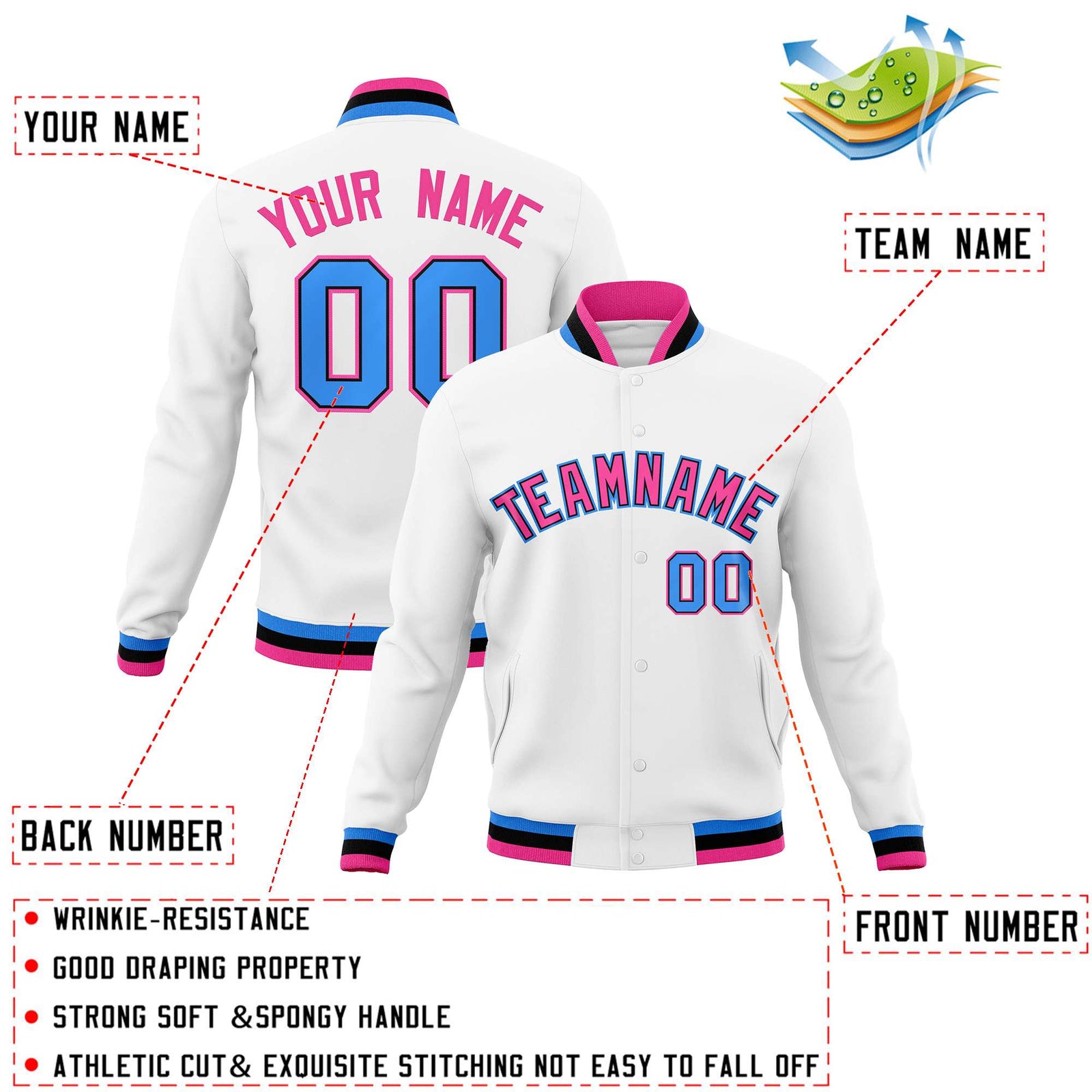 Custom White Pink-Powder Blue Classic Style Varsity Full-Snap Letterman Jacket