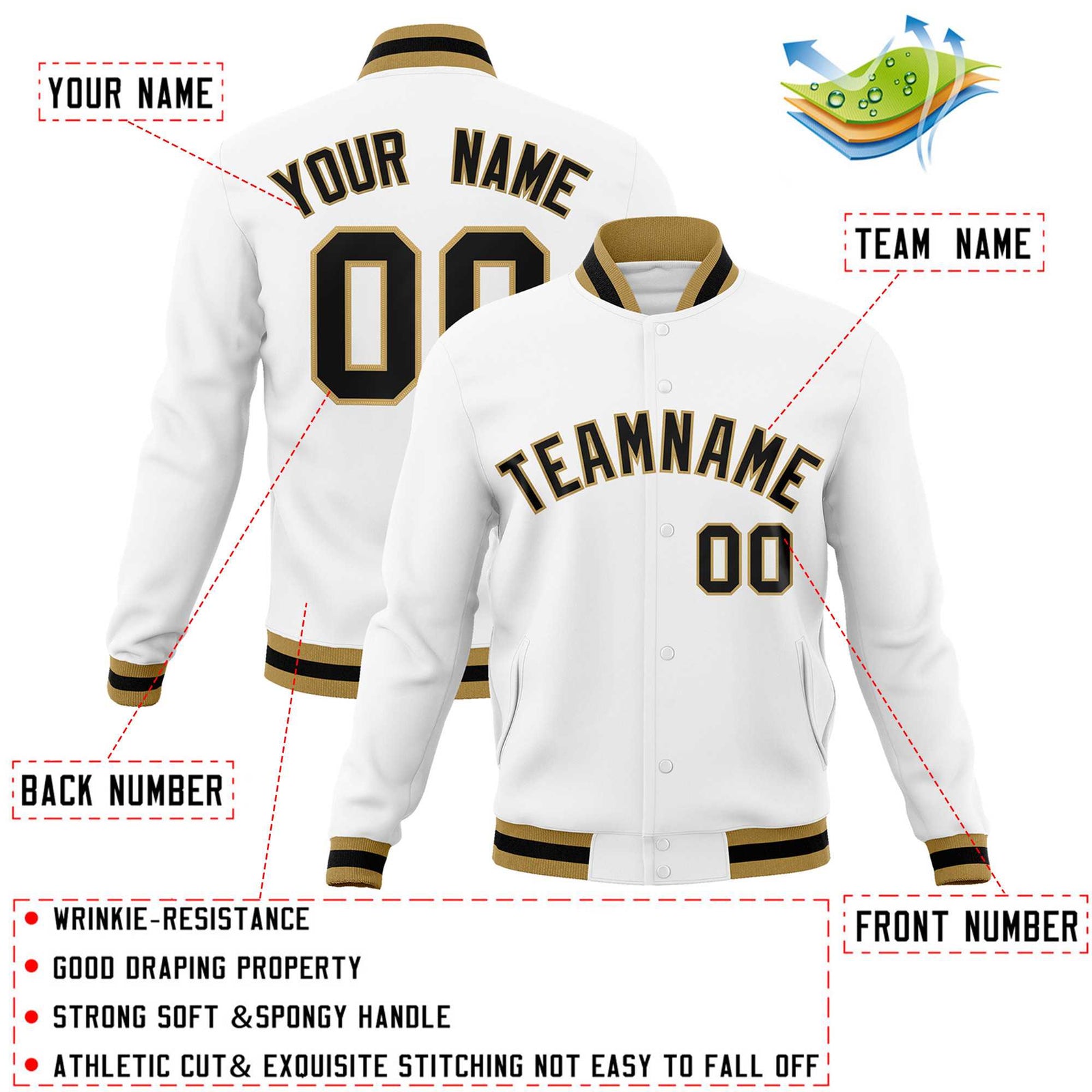 Custom White Black-Old Gold Classic Style Varsity Full-Snap Letterman Jacket