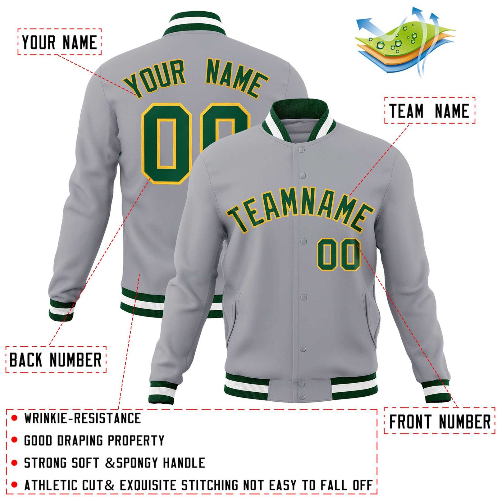 Custom Gray Green-Gold Classic Style Varsity Full-Snap Letterman Jacket