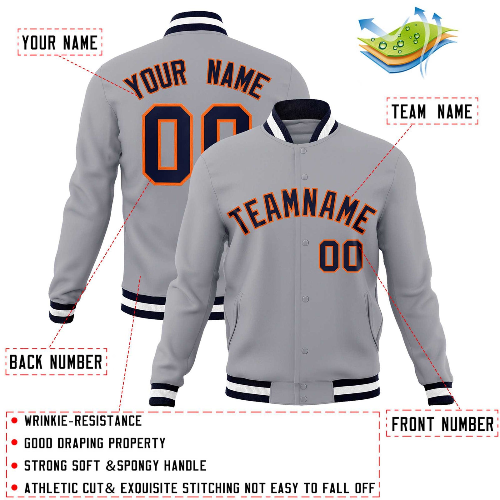 Custom Gray Navy-Orange Classic Style Varsity Full-Snap Letterman Jacket