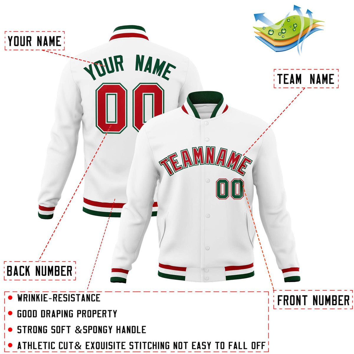 Custom White Red-Green Classic Style Varsity Full-Snap Letterman Jacket