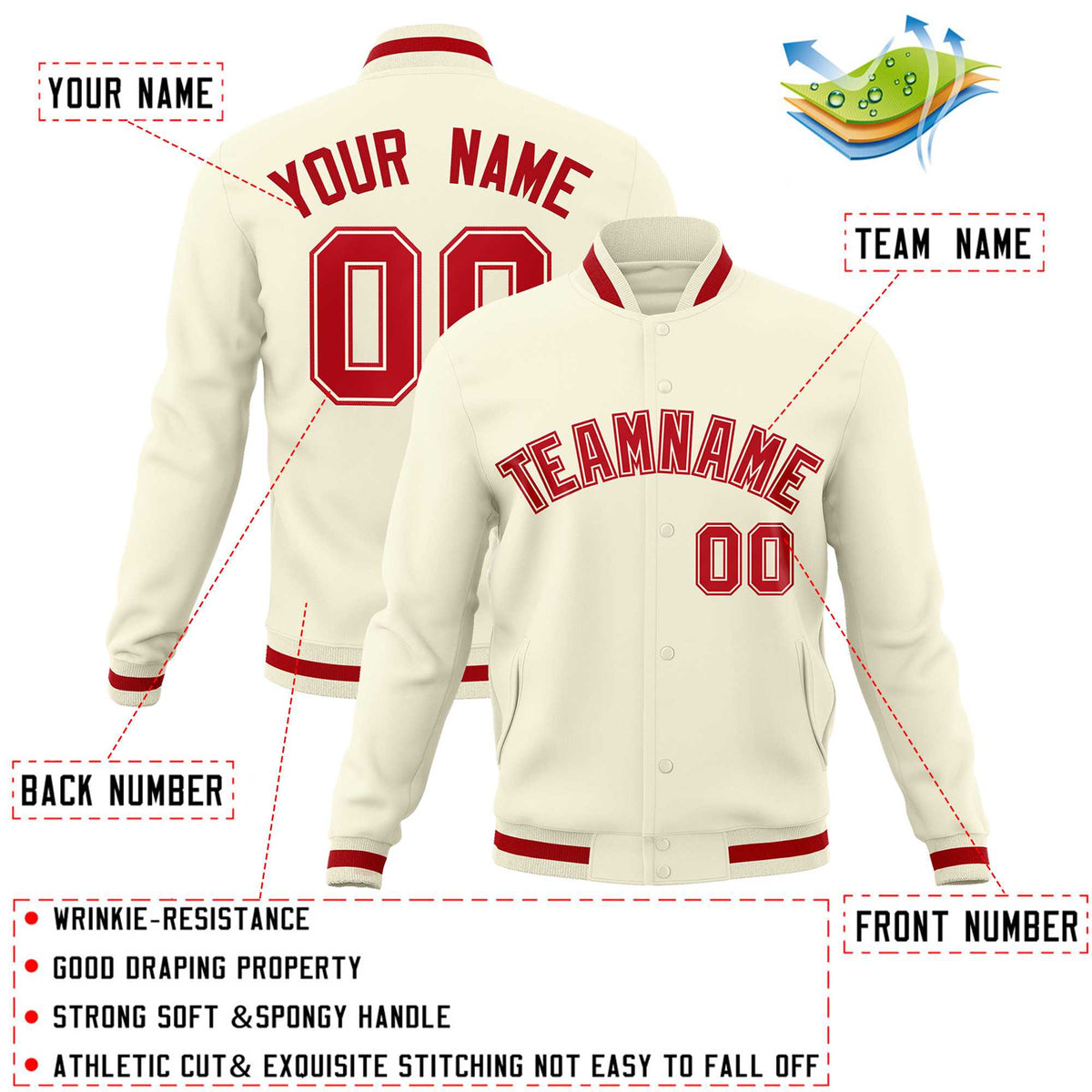 Custom Khaki Red-Red Classic Style Varsity Full-Snap Letterman Jacket
