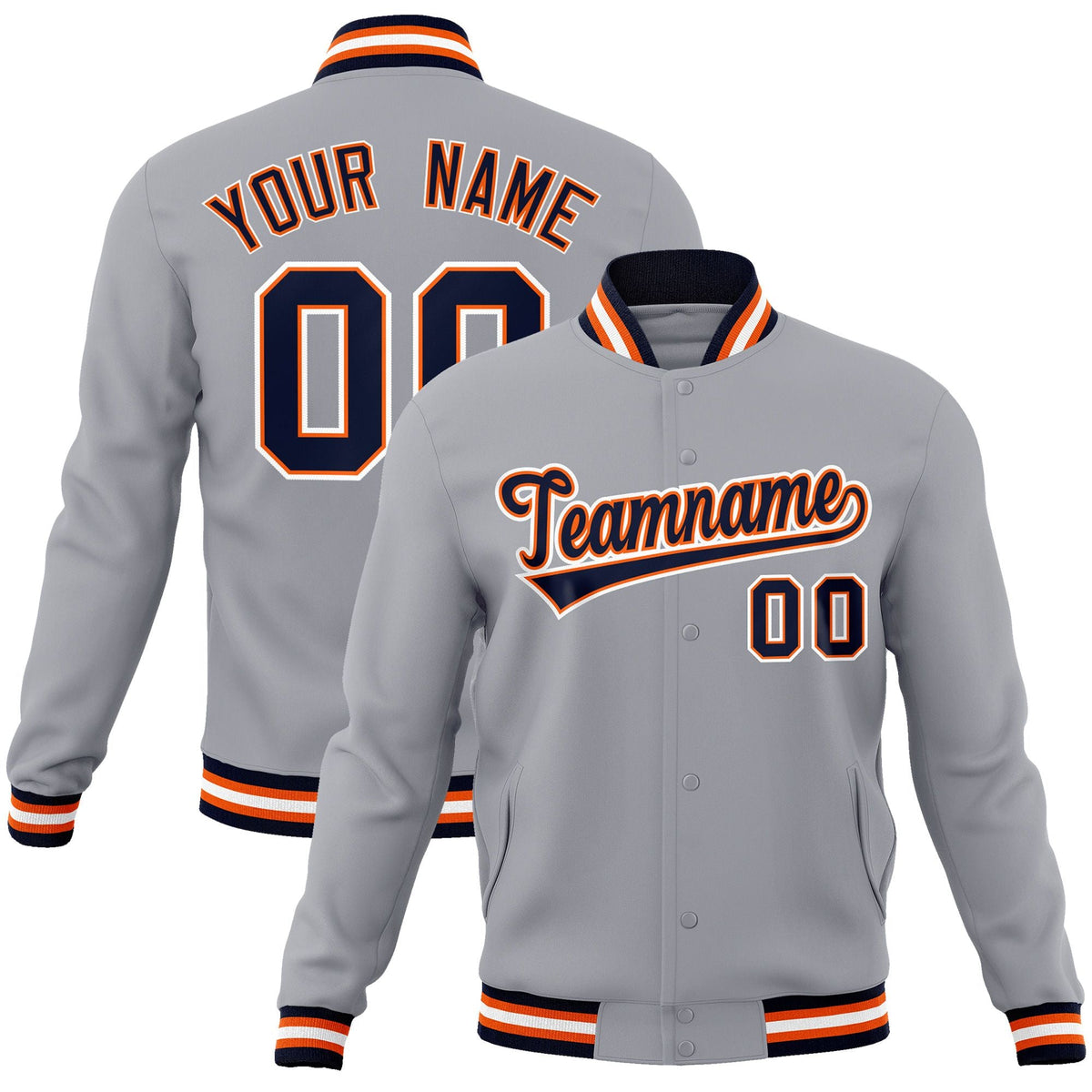 Custom Gray Navy-Orange Classic Style Varsity Full-Snap Letterman Jacket