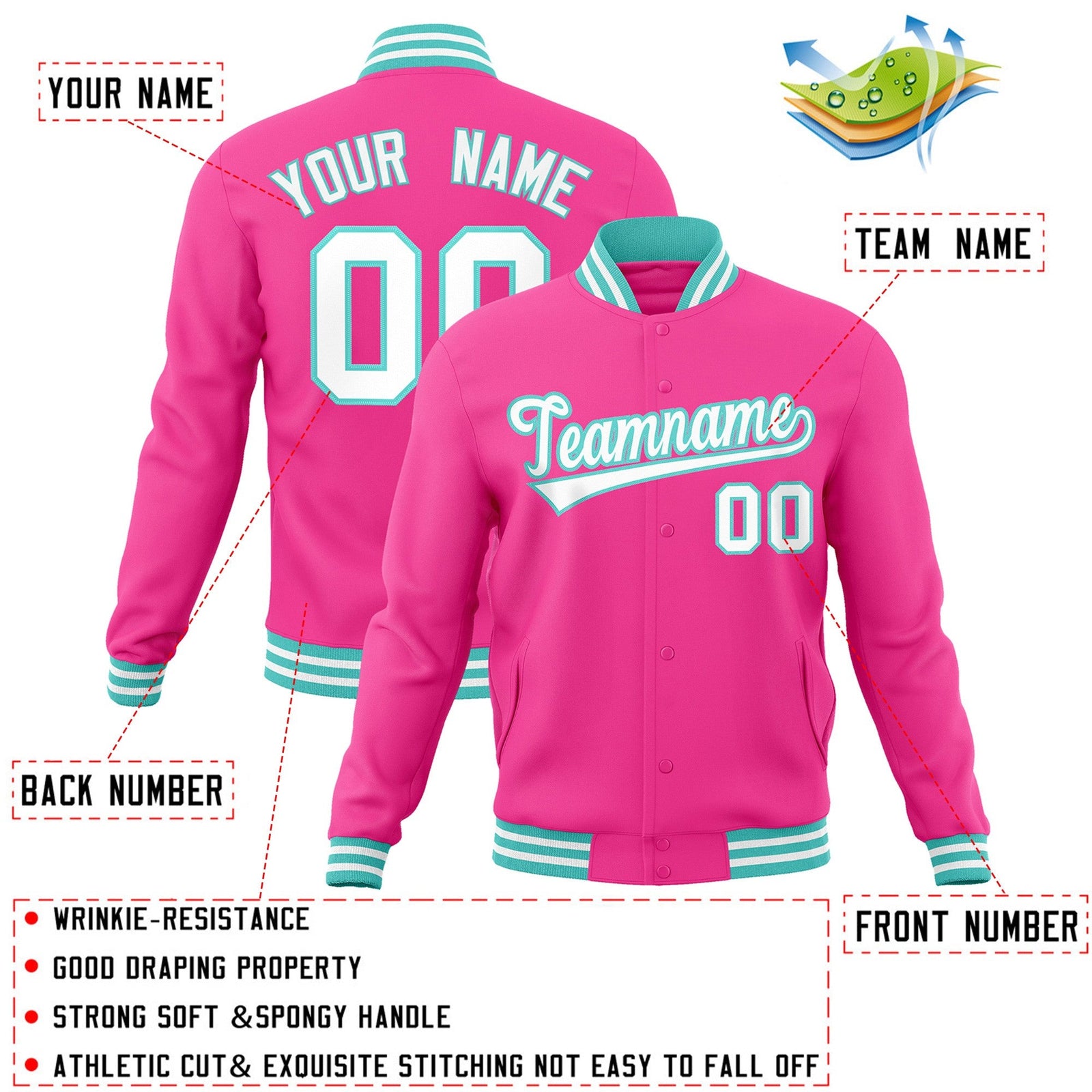 Custom Pink White-Aqua Classic Style Varsity Full-Snap Letterman Jacket