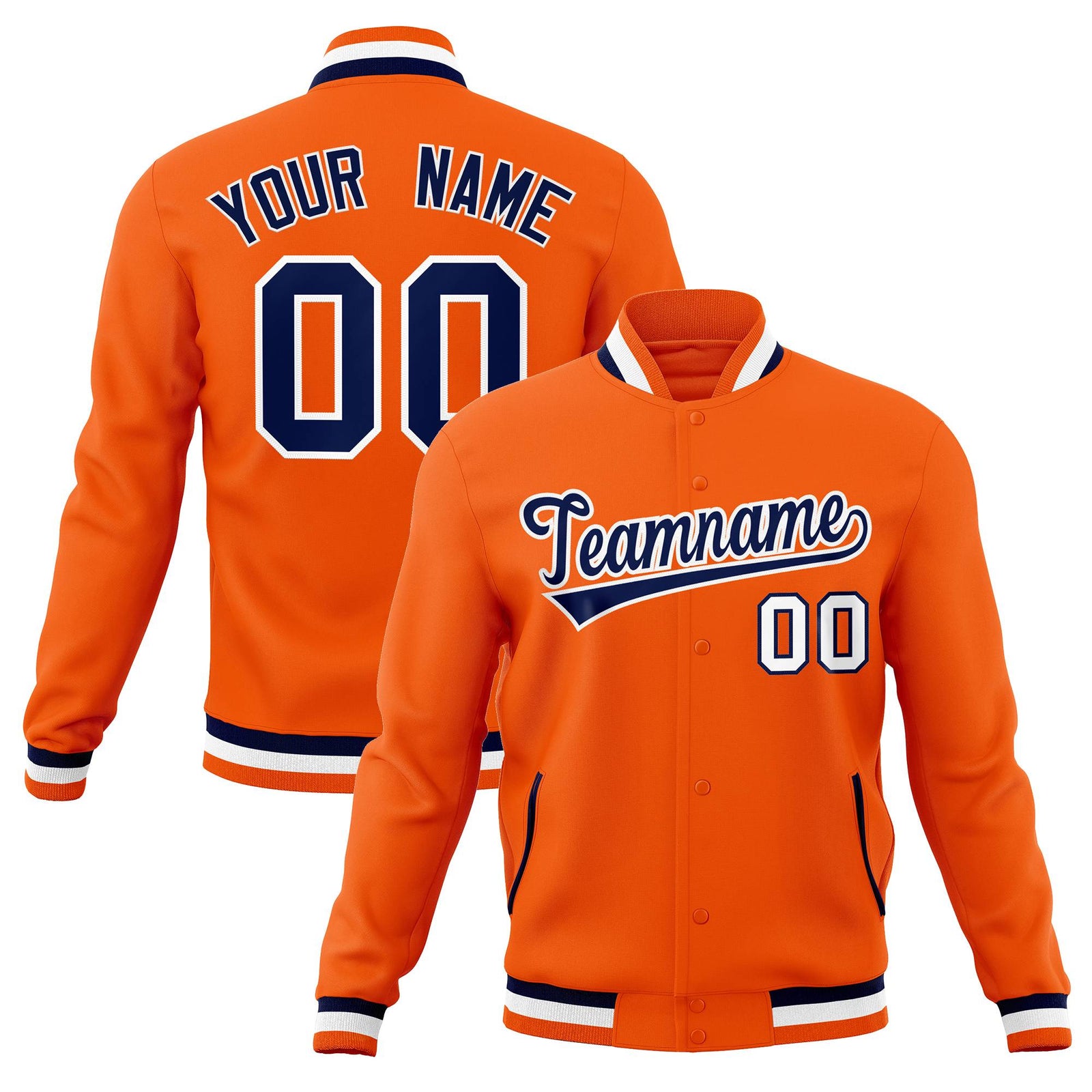 Custom Orange Navy-White Classic Style Varsity Full-Snap Letterman Jacket