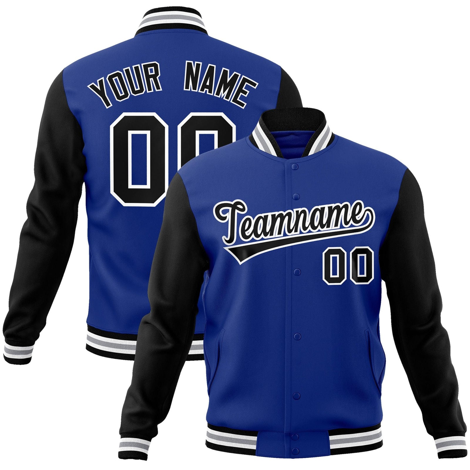 Custom Royal Black-White Raglan Sleeves Varsity Full-Snap Letterman Jacket