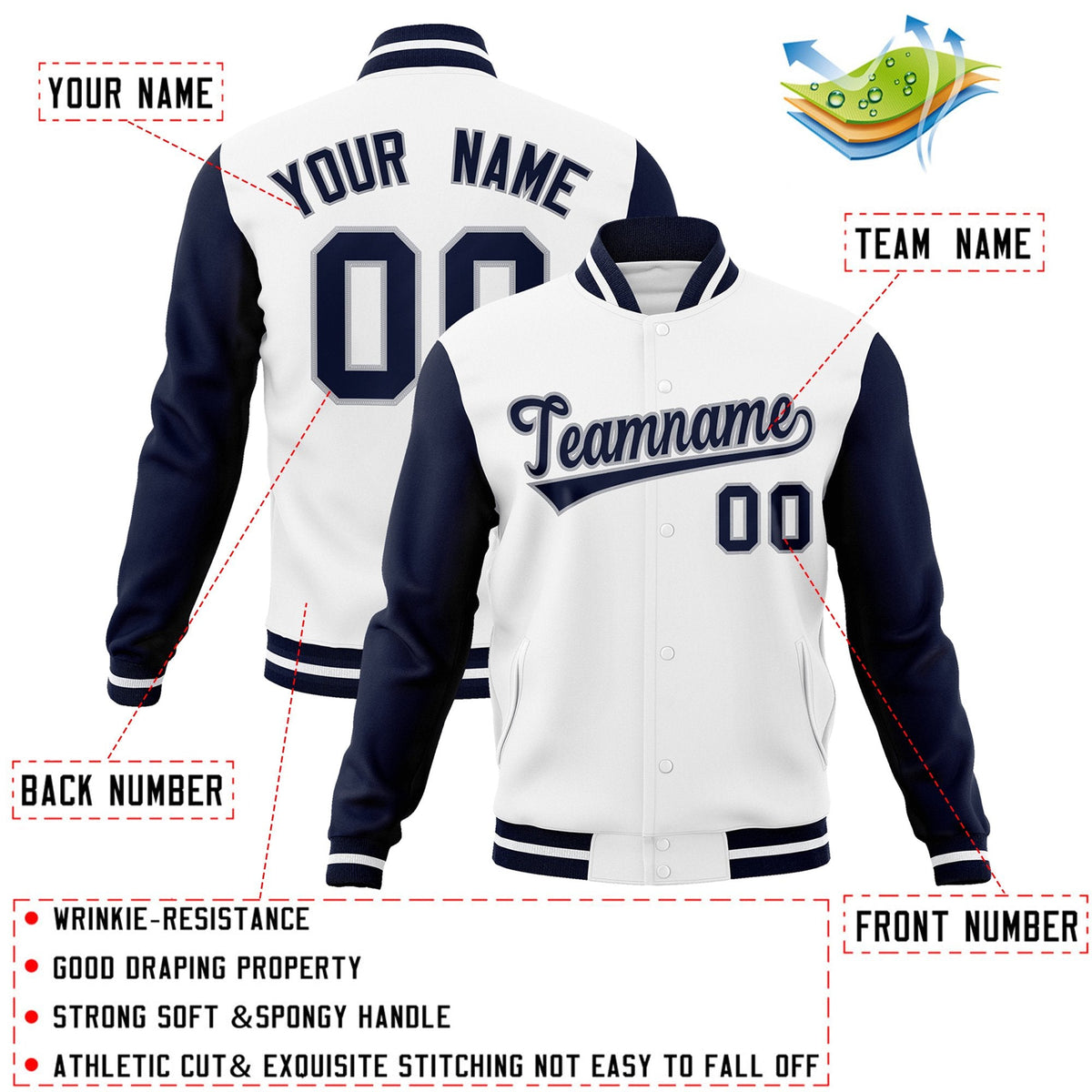 Custom White Navy-Gray Raglan Sleeves Varsity Full-Snap Letterman Jacket