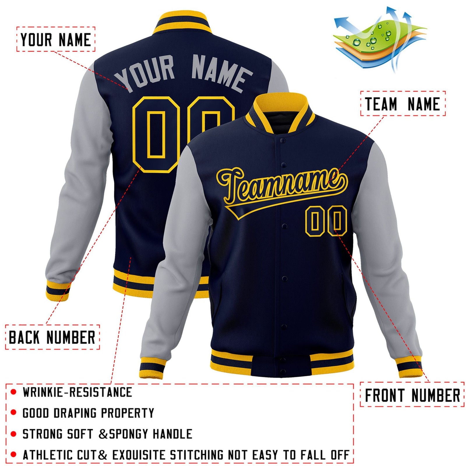 Custom Navy Navy-Gold Raglan Sleeves Varsity Full-Snap Letterman Jacket