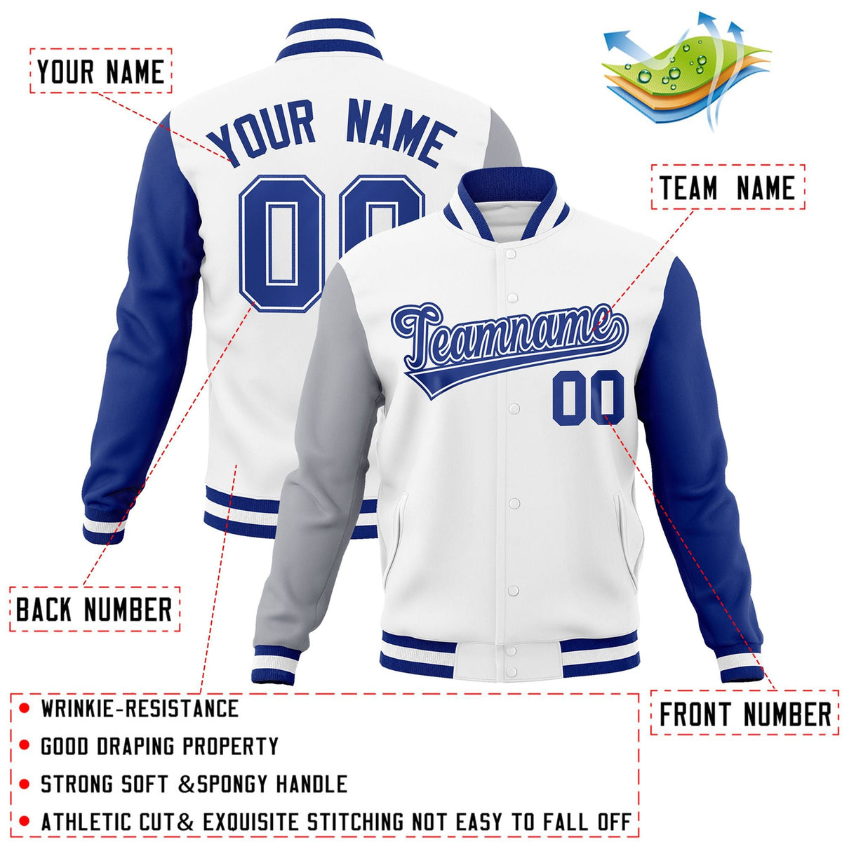 Custom White Royal-White Raglan Sleeves Varsity Full-Snap Letterman Jacket