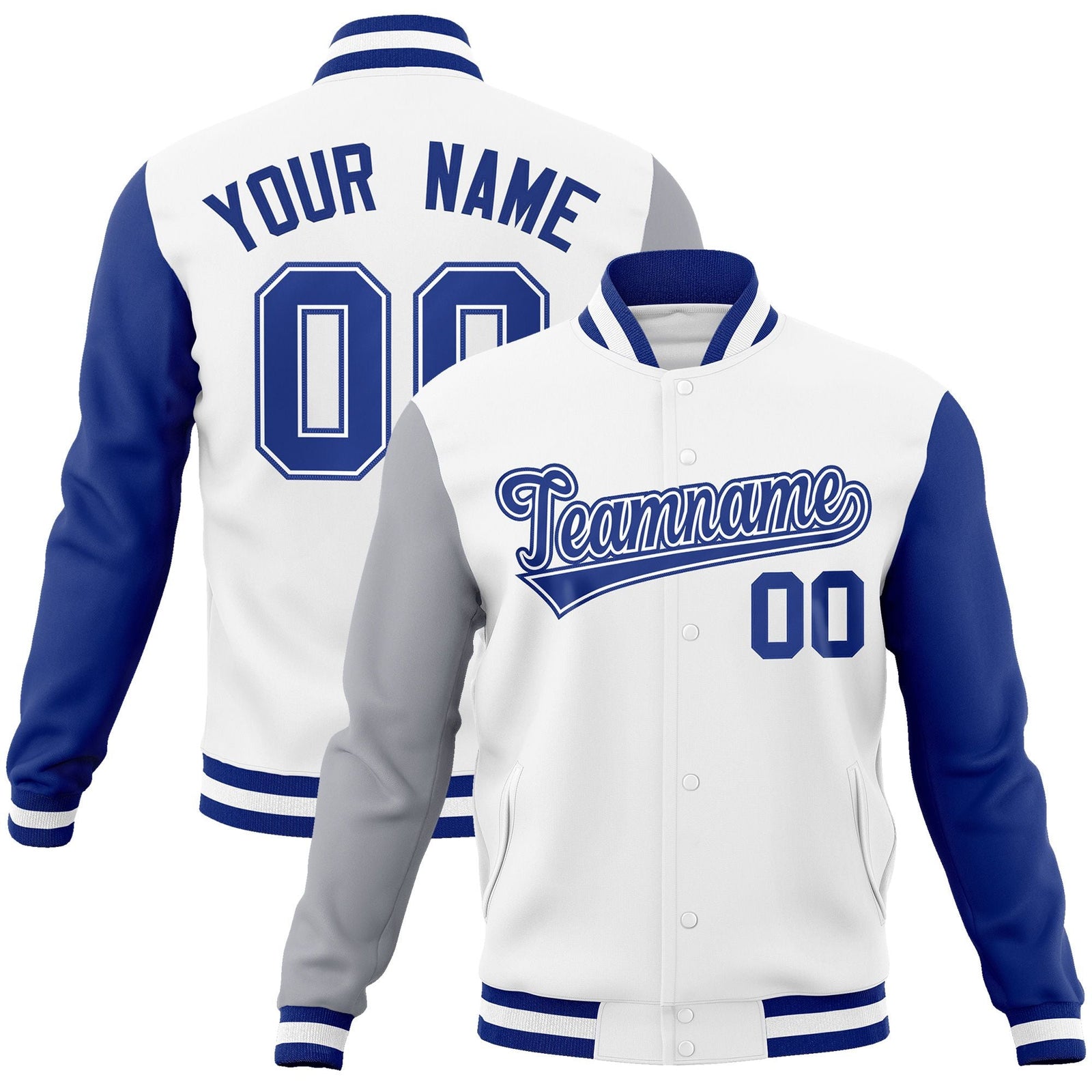 Custom White Royal-White Raglan Sleeves Varsity Full-Snap Letterman Jacket