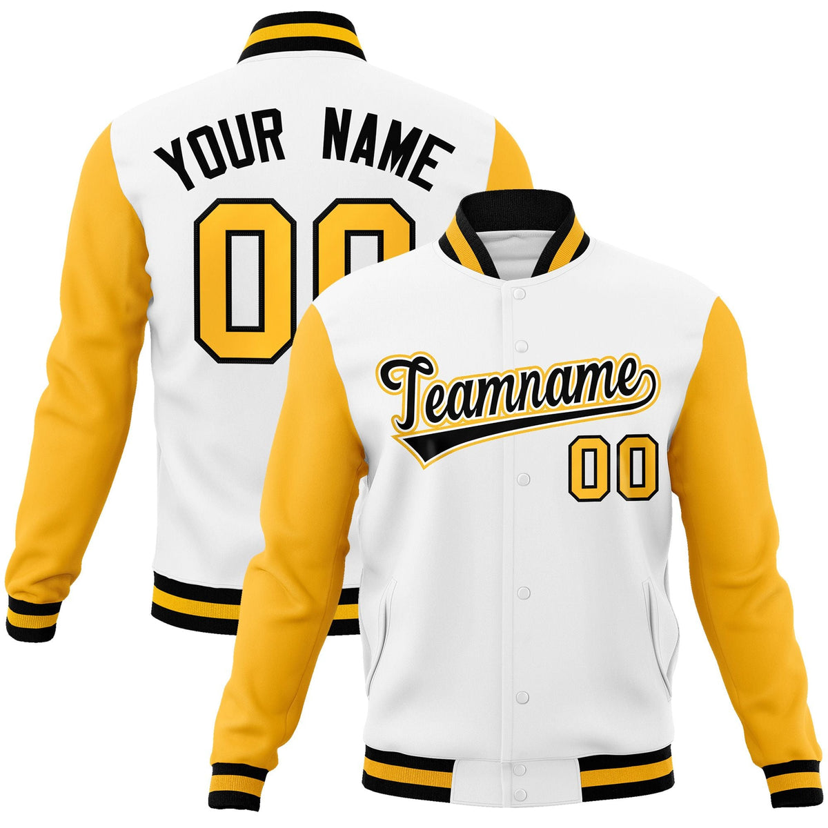 Custom White Black-White Raglan Sleeves Varsity Full-Snap Letterman Jacket
