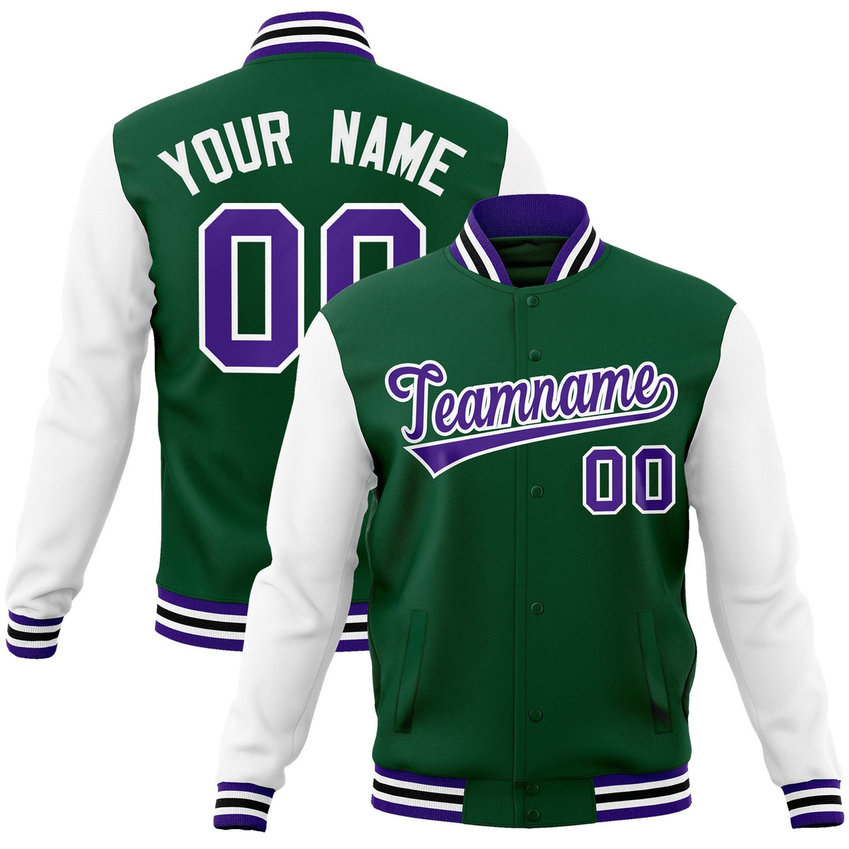 custom green&amp;white raglan sleeves varsity full snap baseball jackets