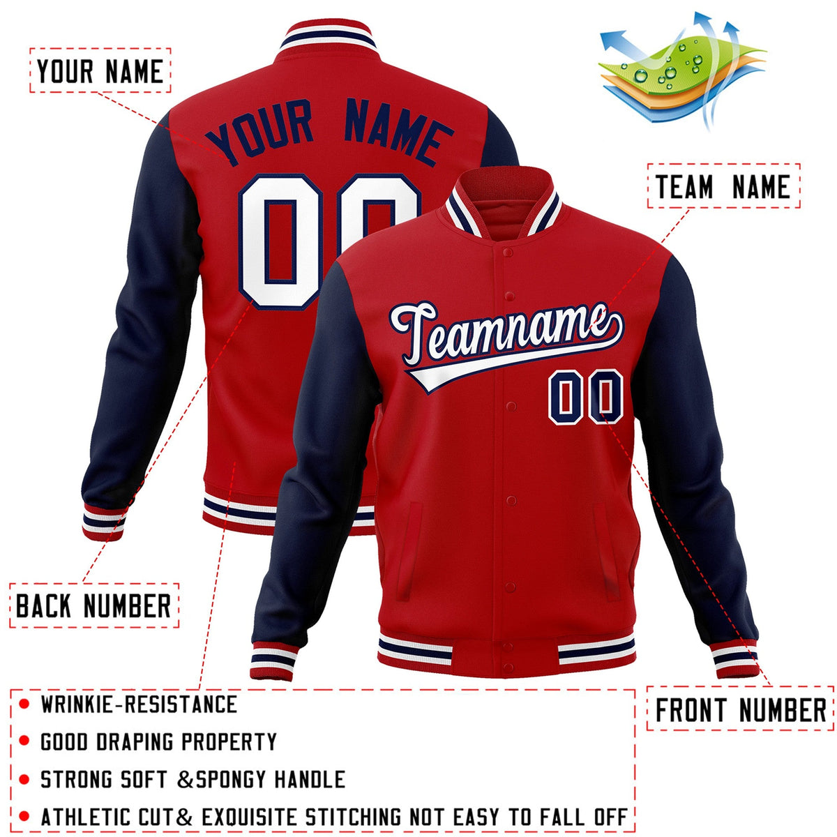 custom red &amp; navy varsity full-snap baseball warm up jackets