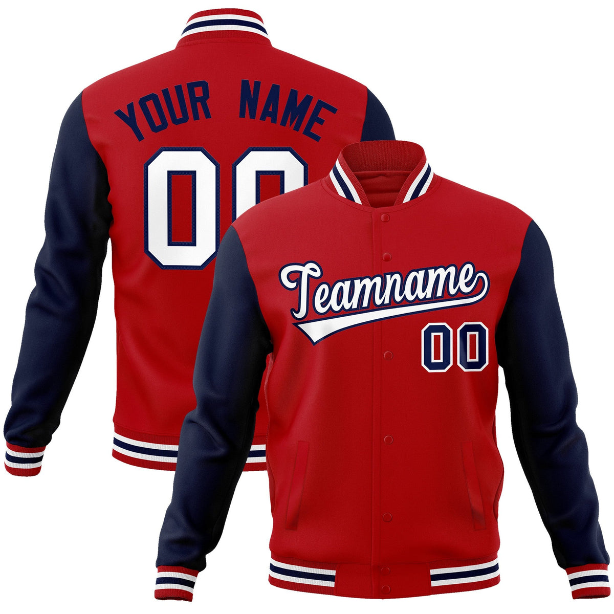 custom red &amp; navy varsity full-snap baseball jacket