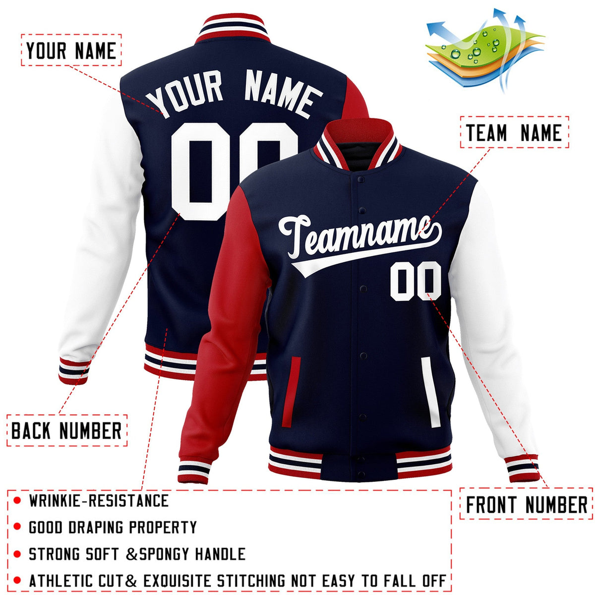 Custom Navy White Raglan Sleeves Varsity Full-Snap Letterman Jacket