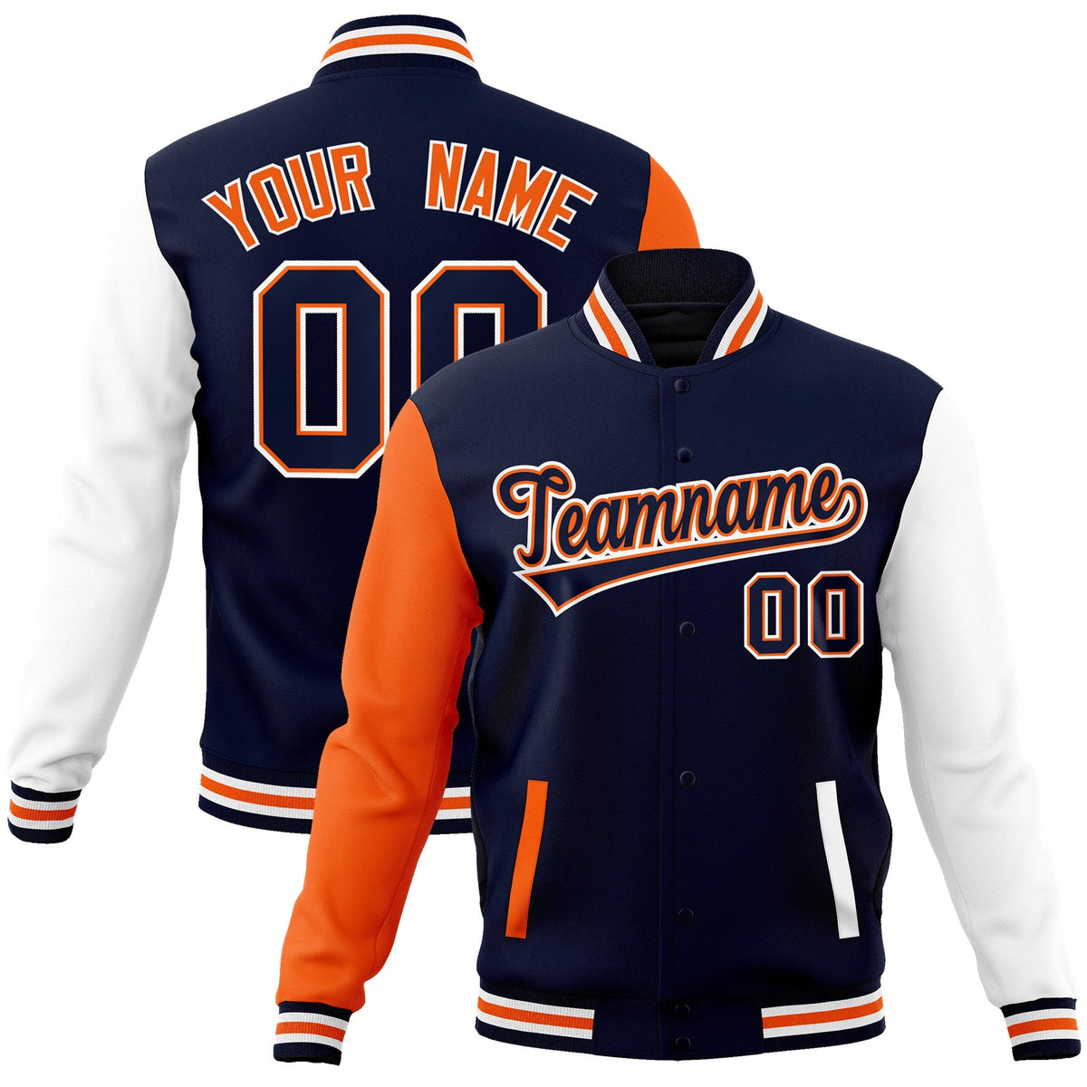 Custom Navy Navy-Orange Raglan Sleeves Varsity Full-Snap Letterman Jacket