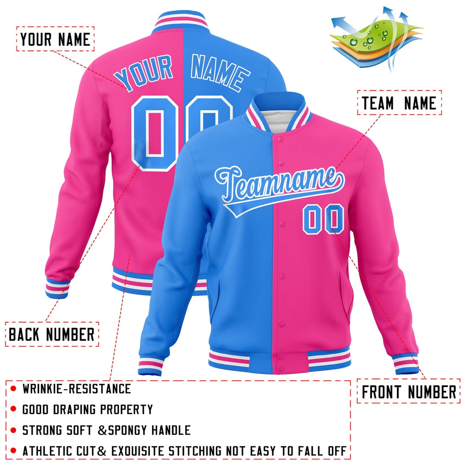 Custom Powder Blue Pink-Powder Blue Varsity Full-Snap Letterman Two Tone Split Fashion Jacket