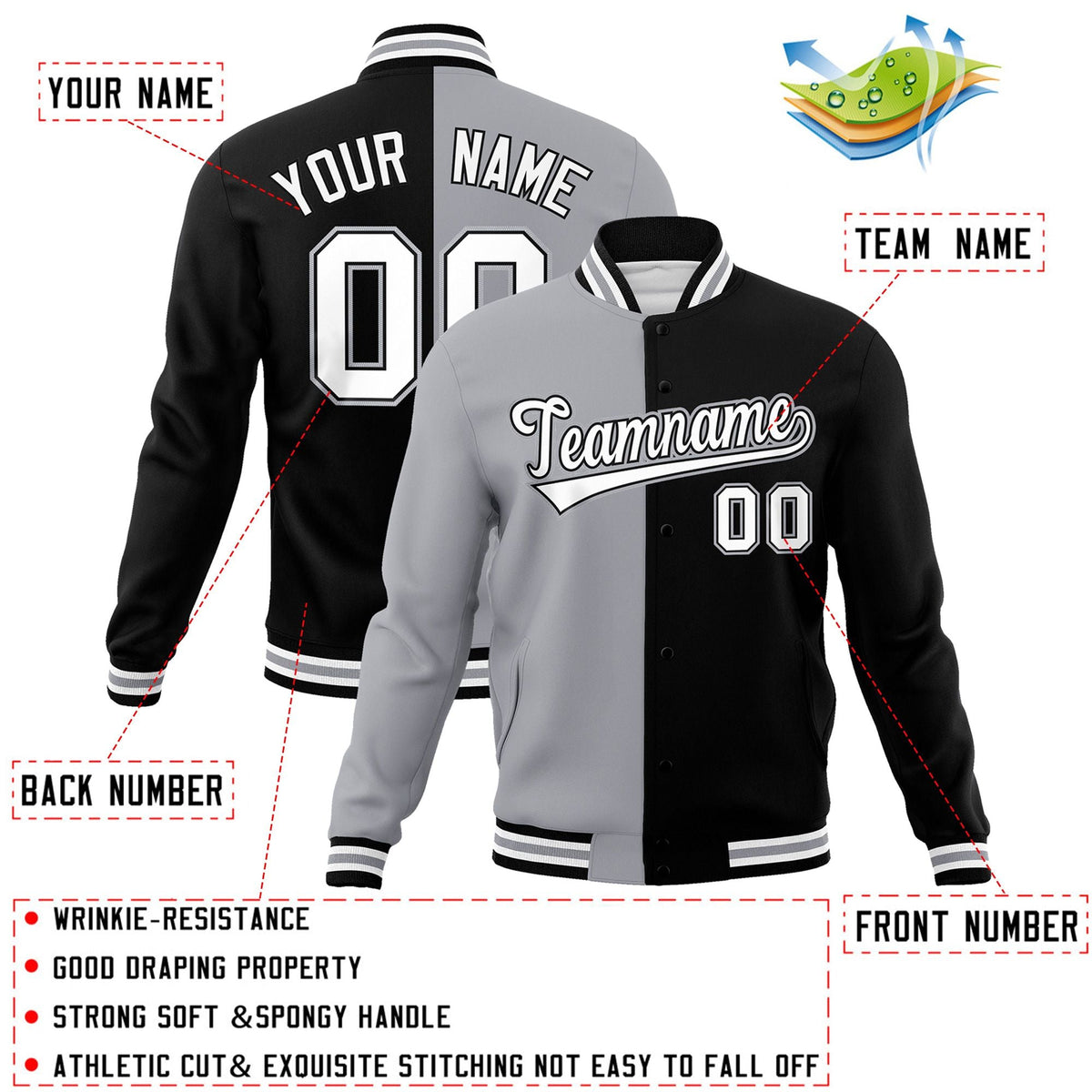 Custom Gray Black-White Varsity Full-Snap Letterman Two Tone Split Fashion Jacket