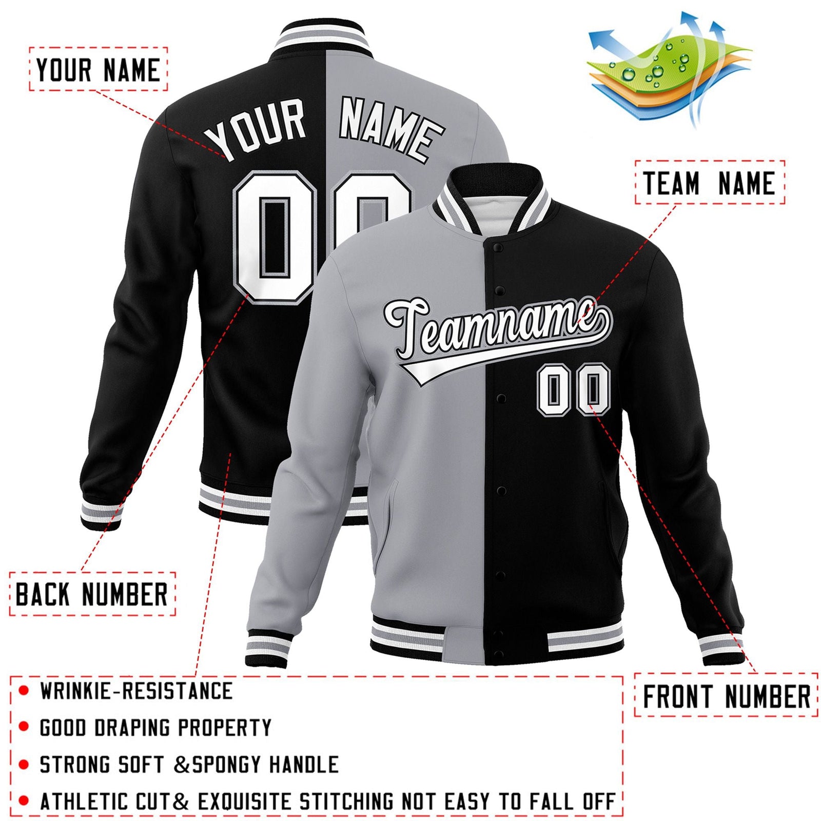 Custom Gray Black-White Varsity Full-Snap Letterman Two Tone Split Fashion Jacket