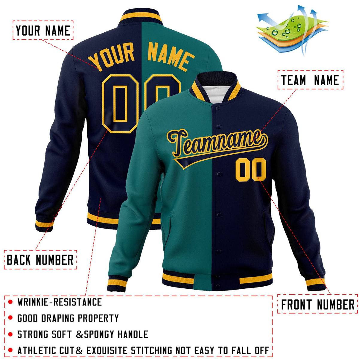 Custom Aqua Navy-Navy Varsity Full-Snap Letterman Two Tone Split Fashion Jacket