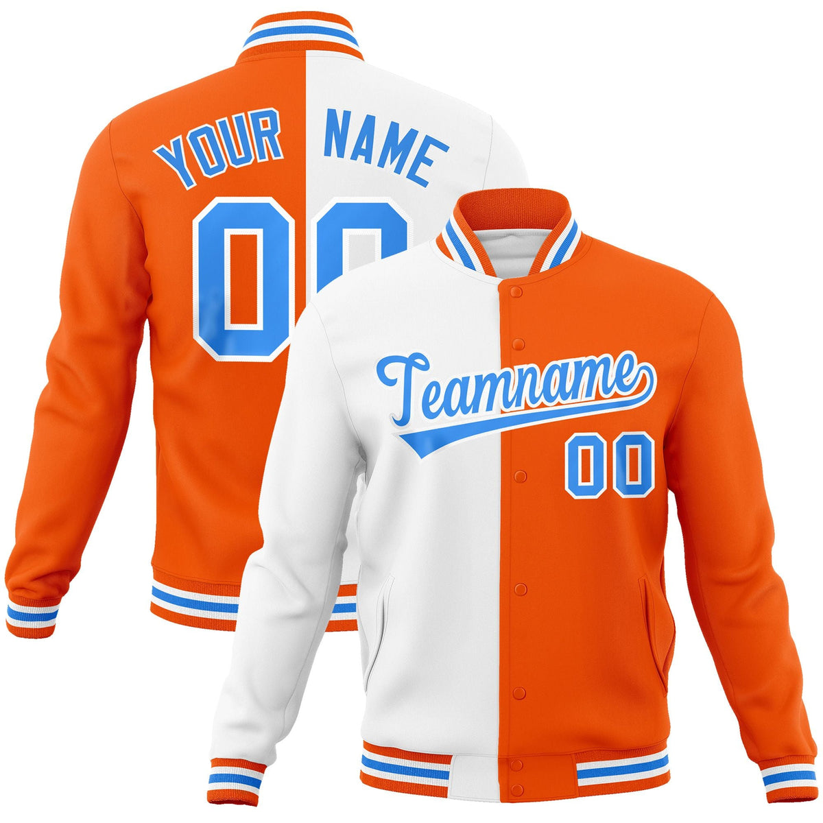 Custom White Orange-Powder Blue Varsity Full-Snap Letterman Two Tone Split Fashion Jacket