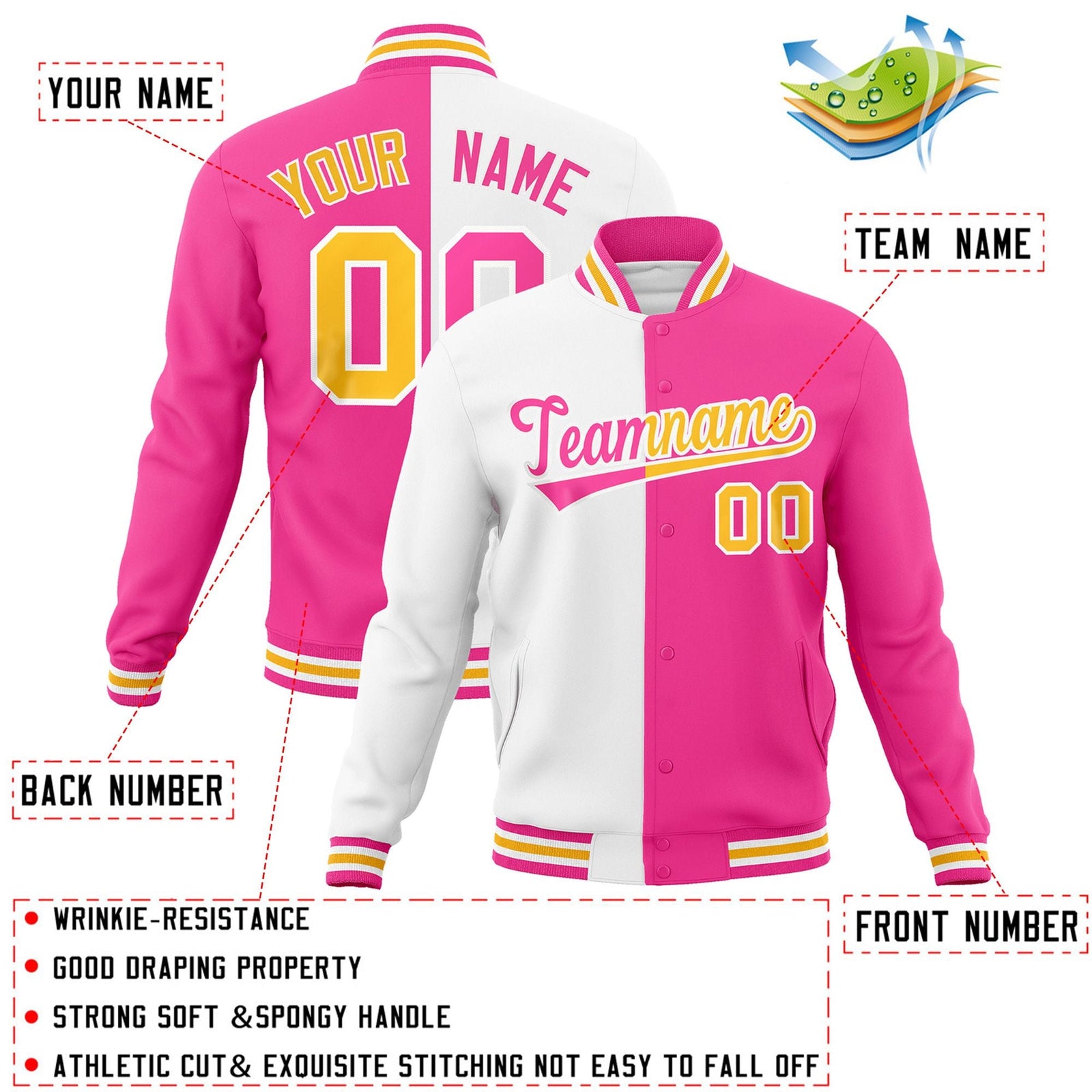 Custom White Pink-Pink Varsity Full-Snap Letterman Two Tone Split Fashion Jacket