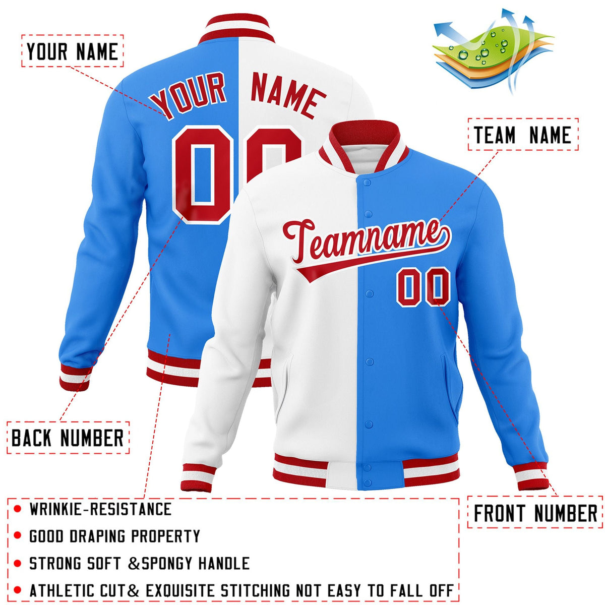 Custom White Powder Blue-Red Varsity Full-Snap Letterman Two Tone Split Fashion Jacket