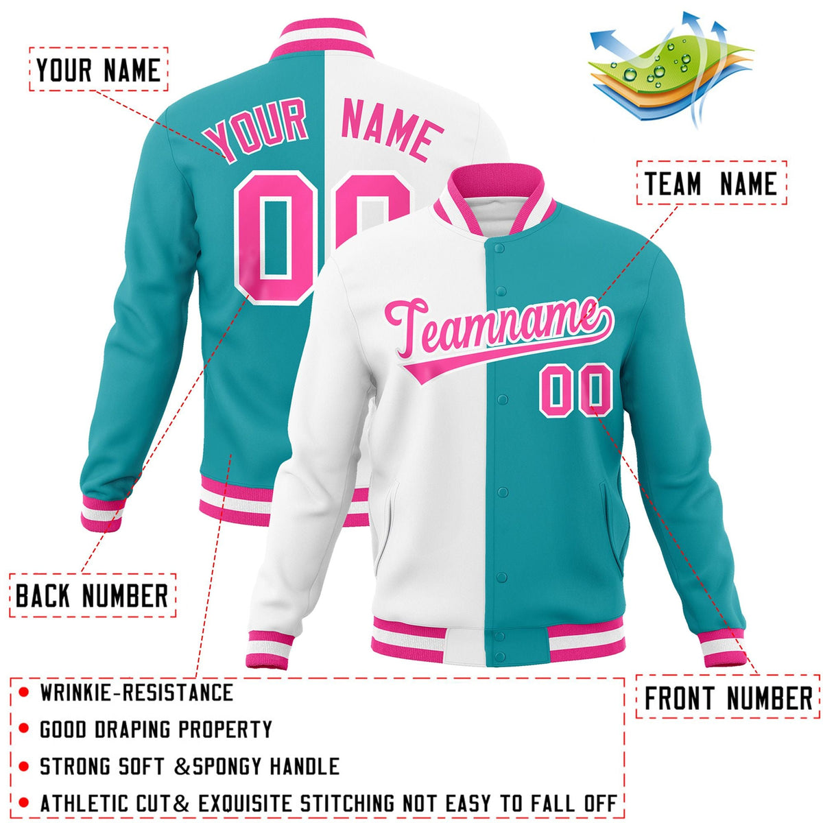 Custom White Aqua-Pink Varsity Full-Snap Letterman Two Tone Split Fashion Jacket