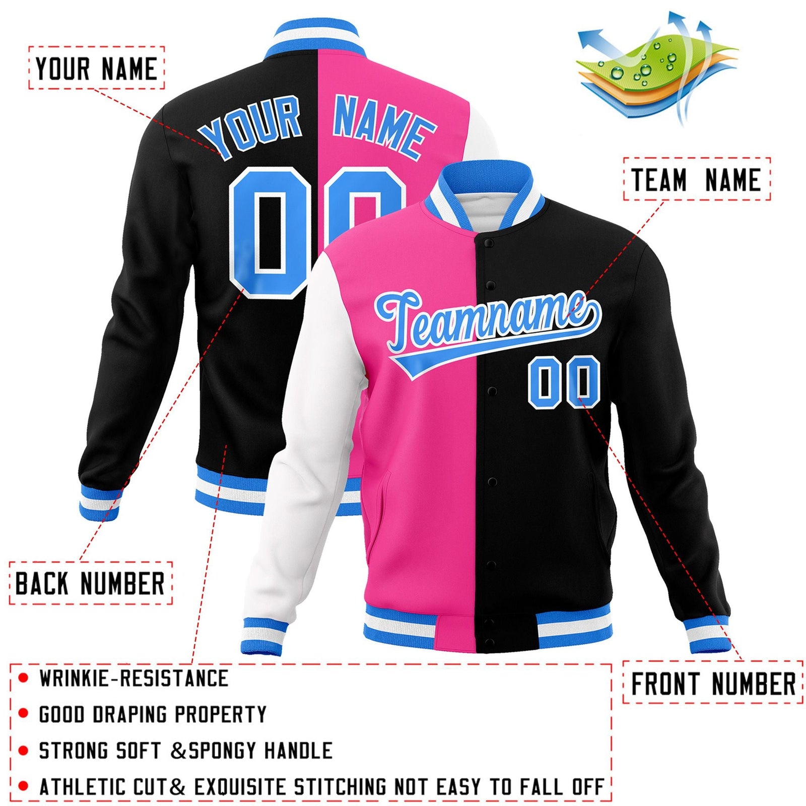 Custom Pink Black-Powder Blue Varsity Full-Snap Letterman Two Tone Split Fashion Jacket