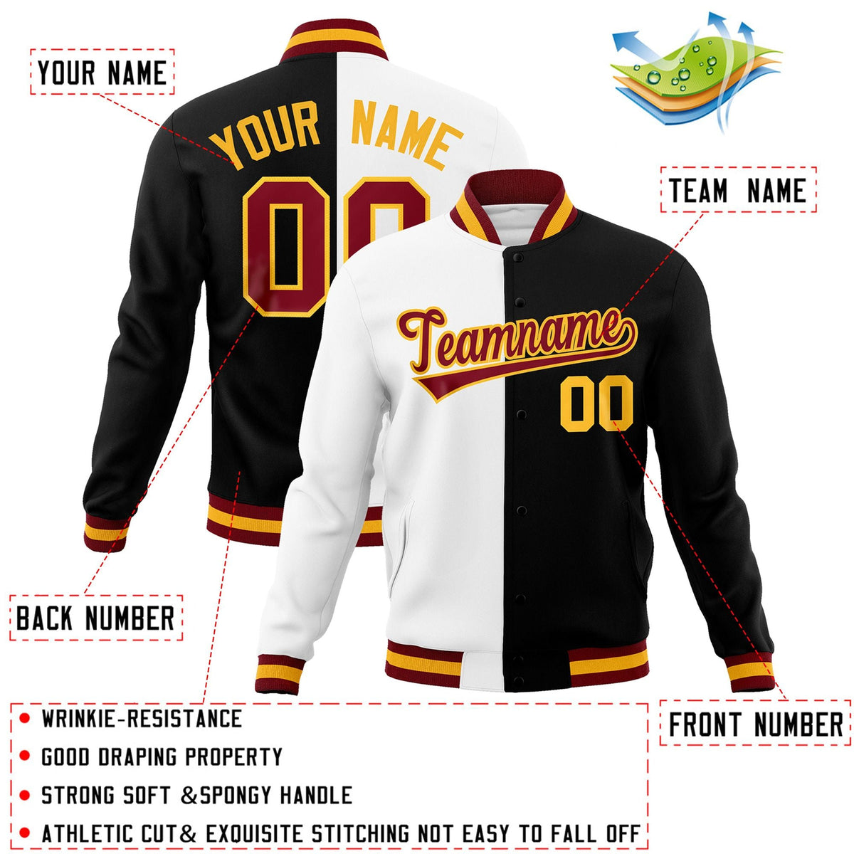 Custom White Black-Crimson Varsity Full-Snap Letterman Two Tone Split Fashion Jacket