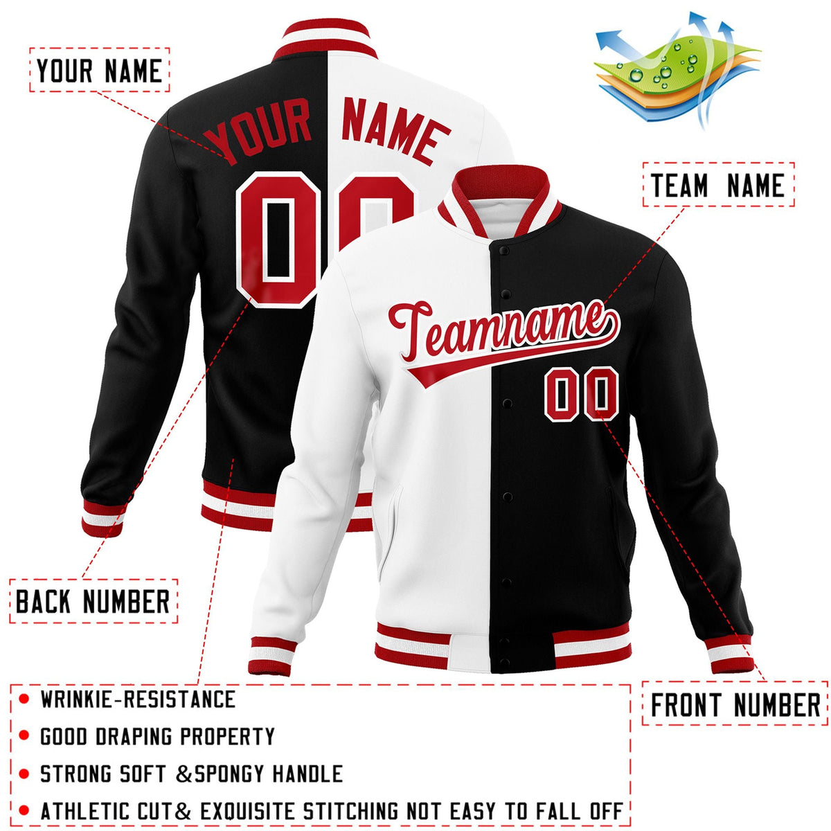Custom White Black-Red Varsity Full-Snap Letterman Two Tone Split Fashion Jacket