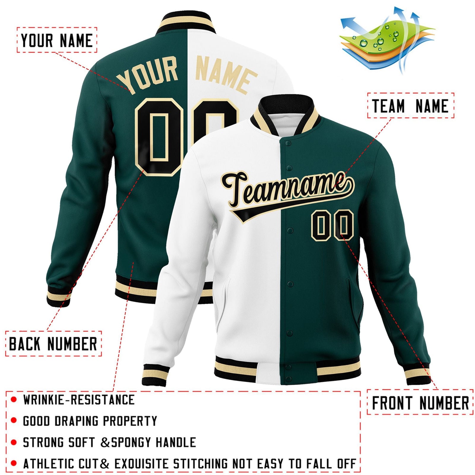 Custom White Midnight Green-Black Varsity Full-Snap Letterman Two Tone Split Fashion Jacket