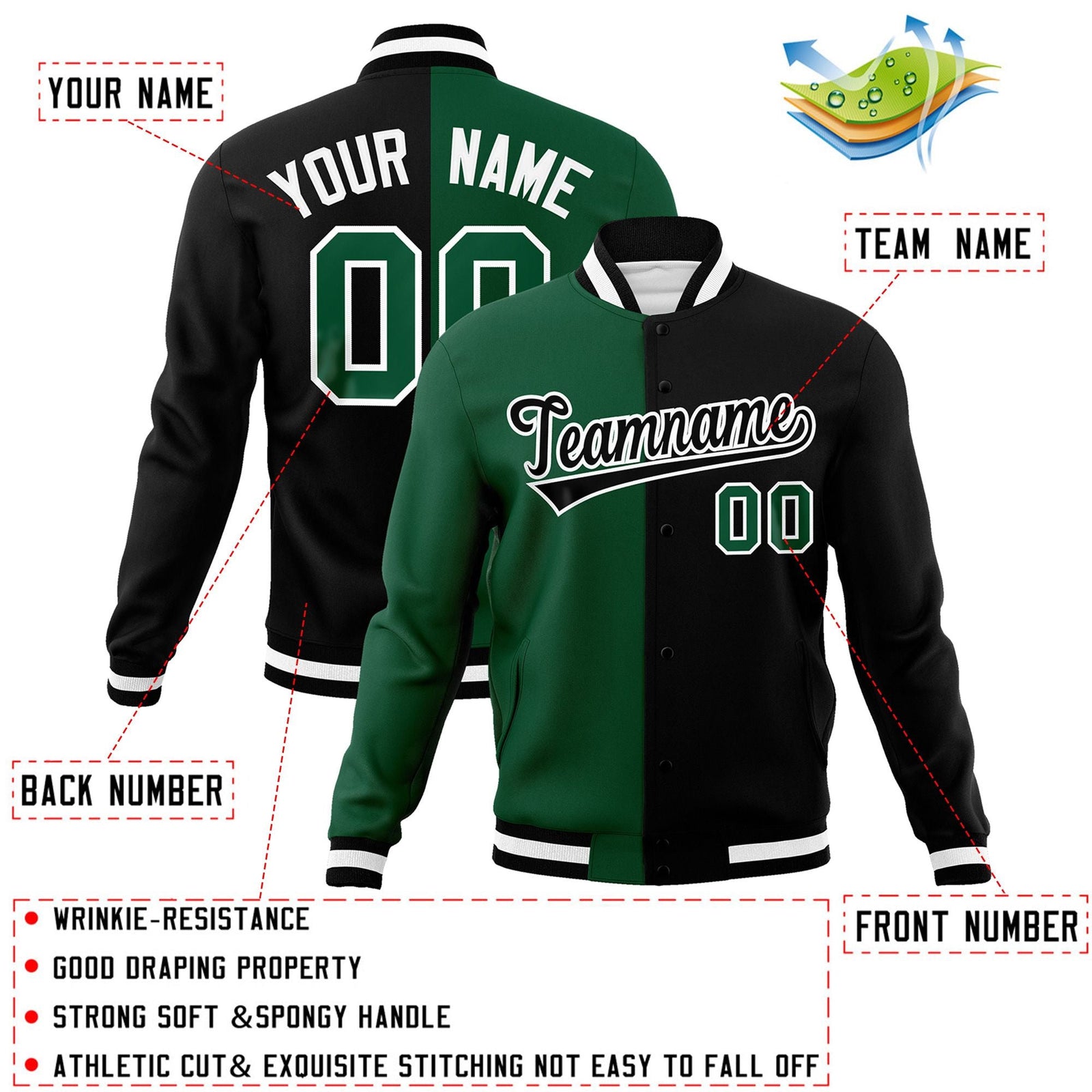 Custom Green Black-Black Varsity Full-Snap Letterman Two Tone Split Fashion Jacket