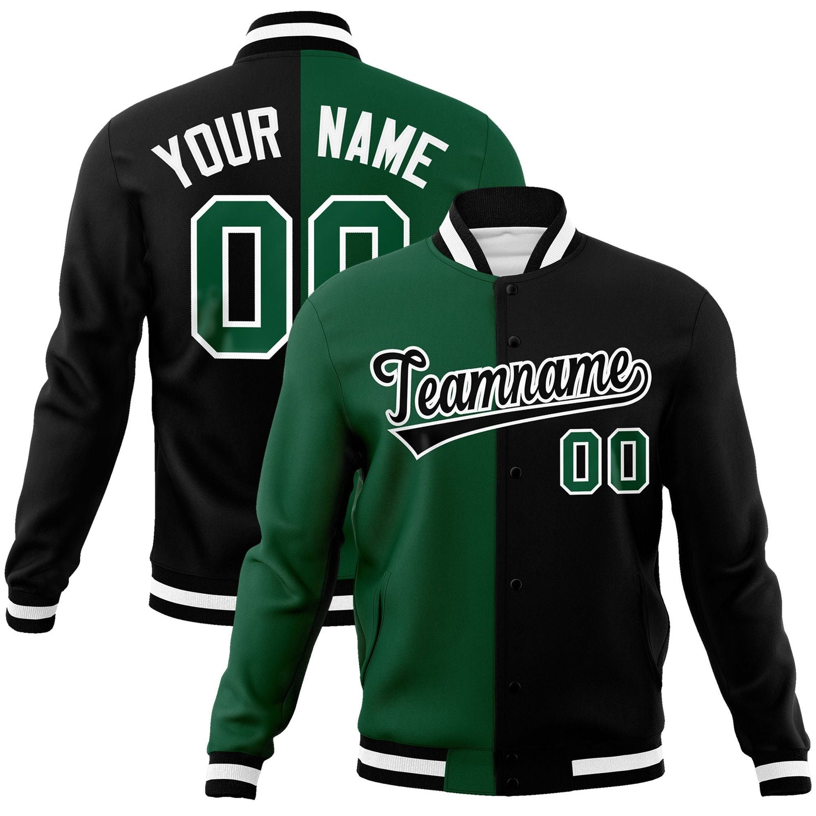 Custom Green Black-Black Varsity Full-Snap Letterman Two Tone Split Fashion Jacket