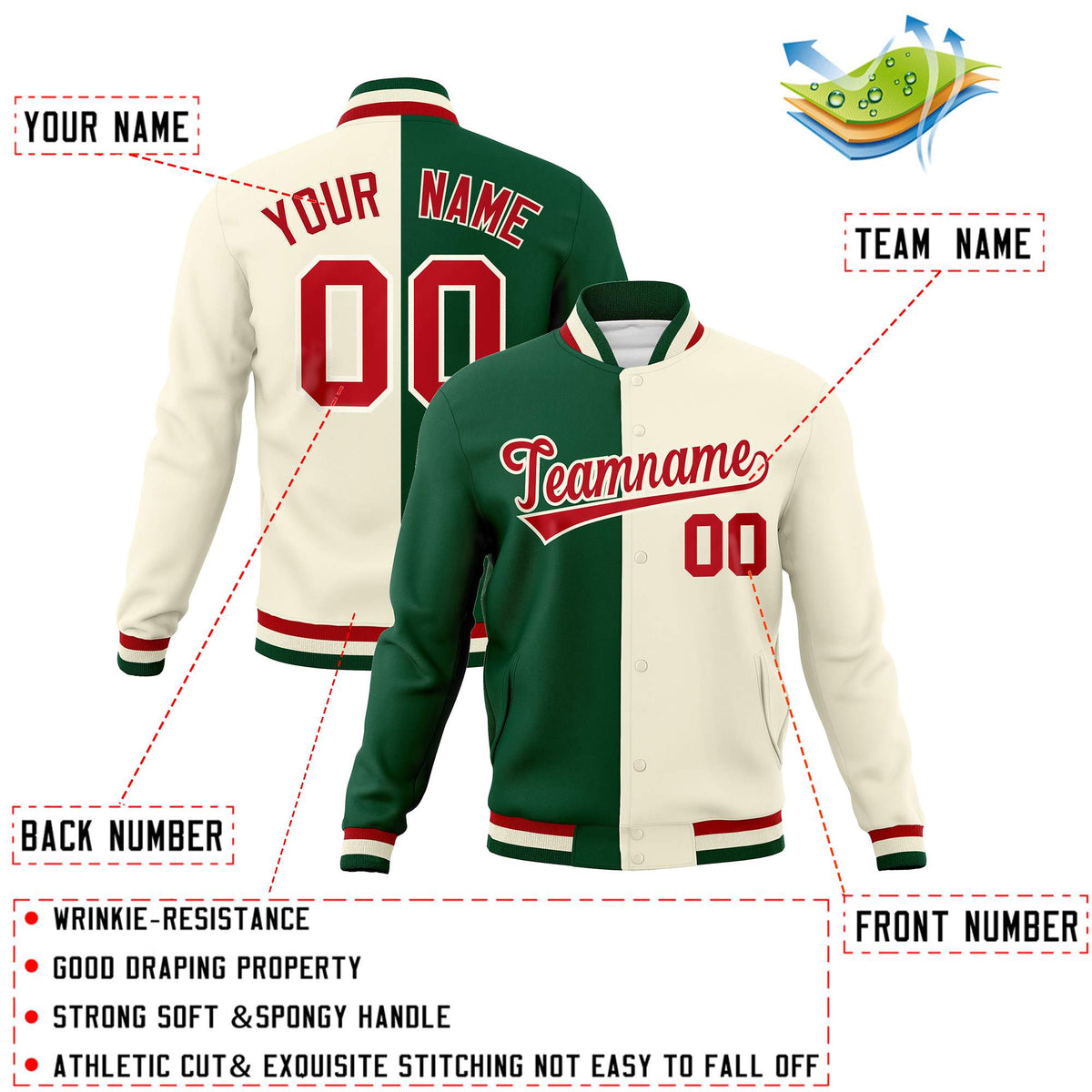 Custom Green Khaki-Red Varsity Full-Snap Letterman Two Tone Split Fashion Jacket