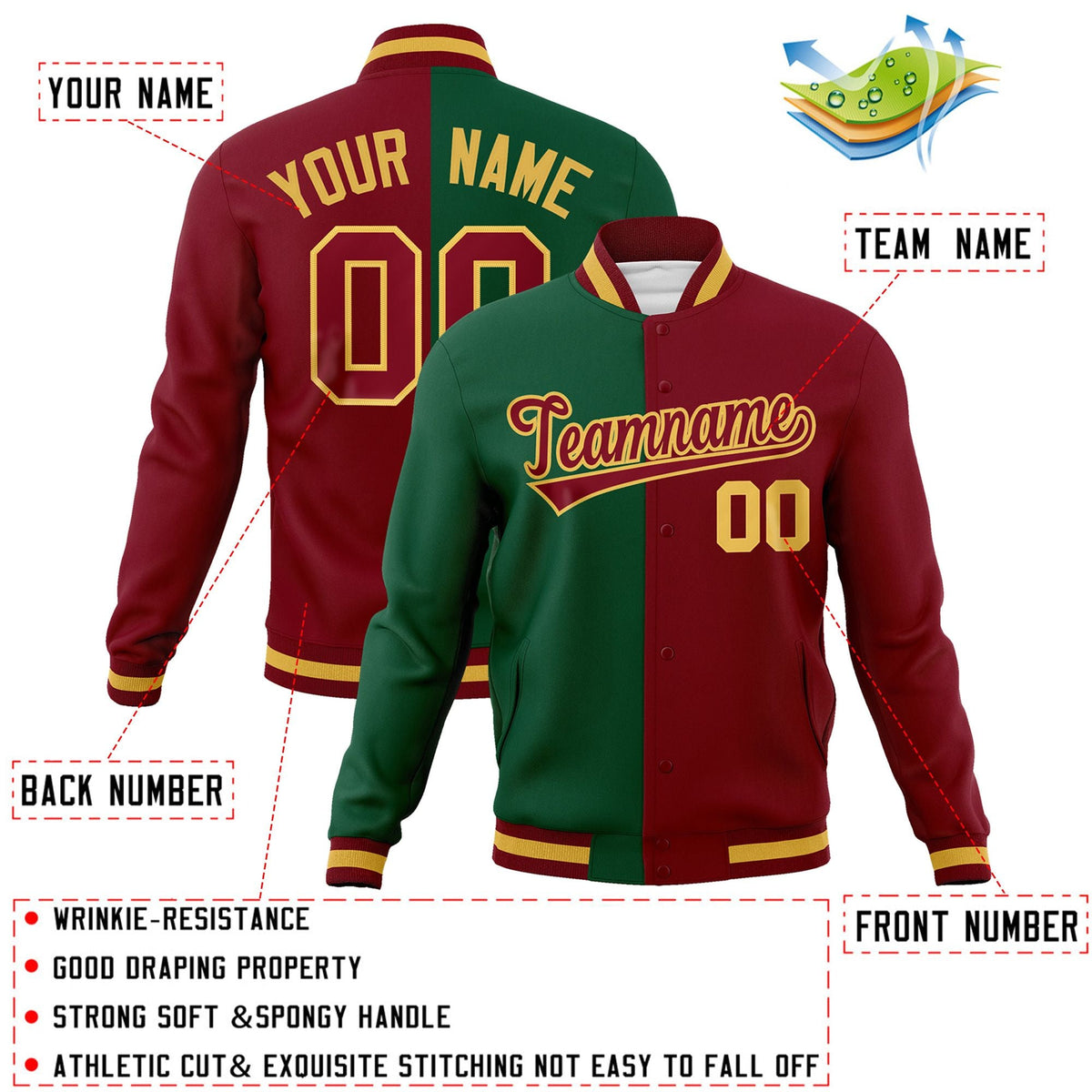 Custom Green Crimson-Crimson Varsity Full-Snap Letterman Two Tone Split Fashion Jacket
