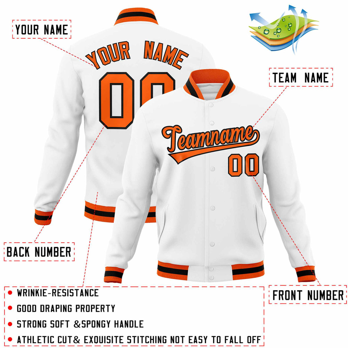 Custom White Orange-Black Classic Style Varsity Full-Snap Letterman Jacket