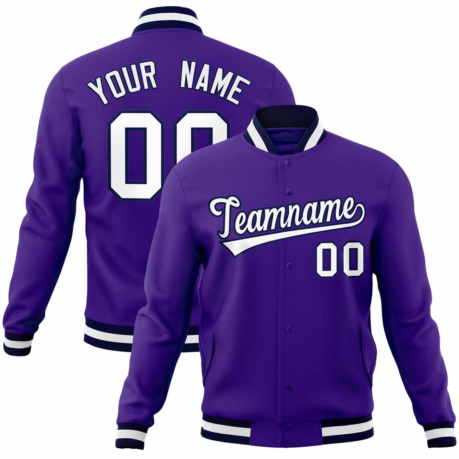 Custom Purple White-Navy Classic Style Varsity Full-Snap Letterman Jacket