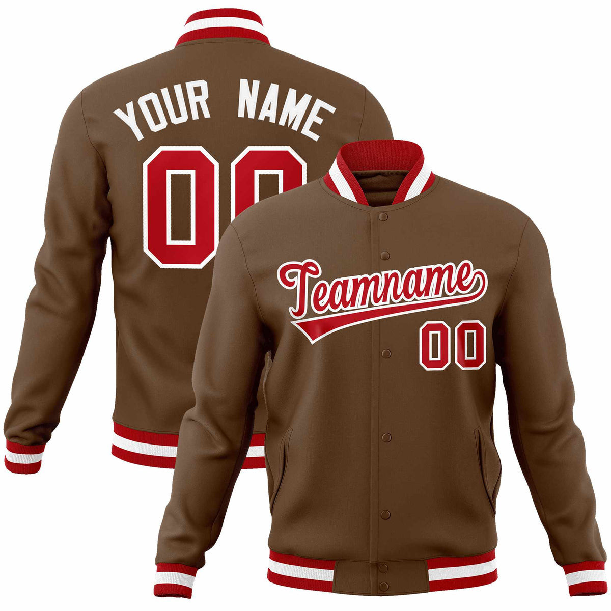 Custom Light Brown Red-White Classic Style Varsity Full-Snap Letterman Jacket