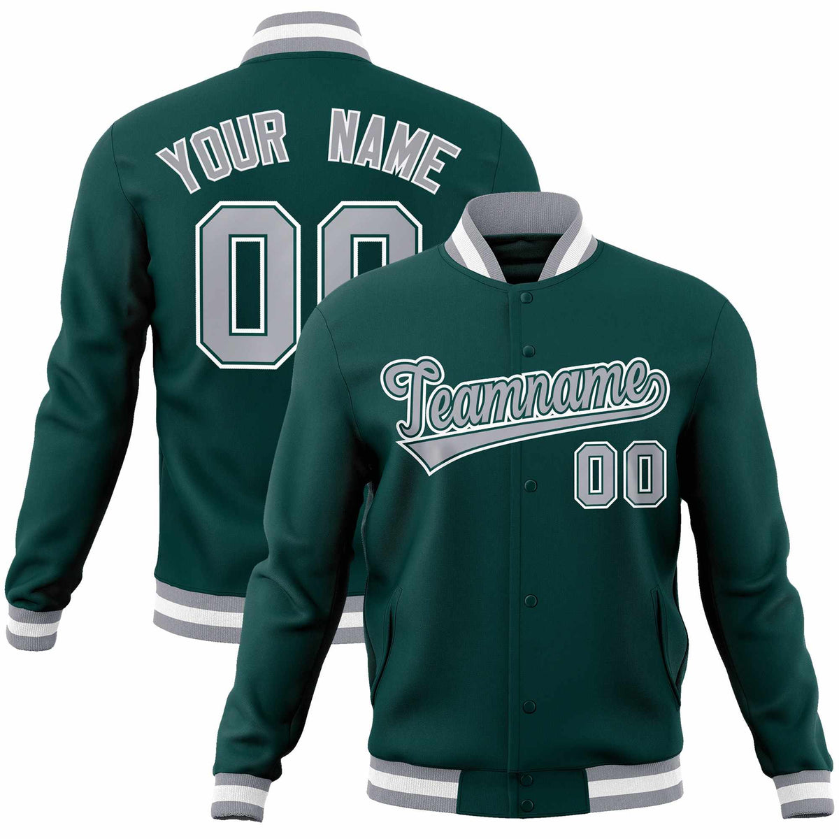 Custom Midnight Green Gray-White Classic Style Varsity Full-Snap Letterman Jacket