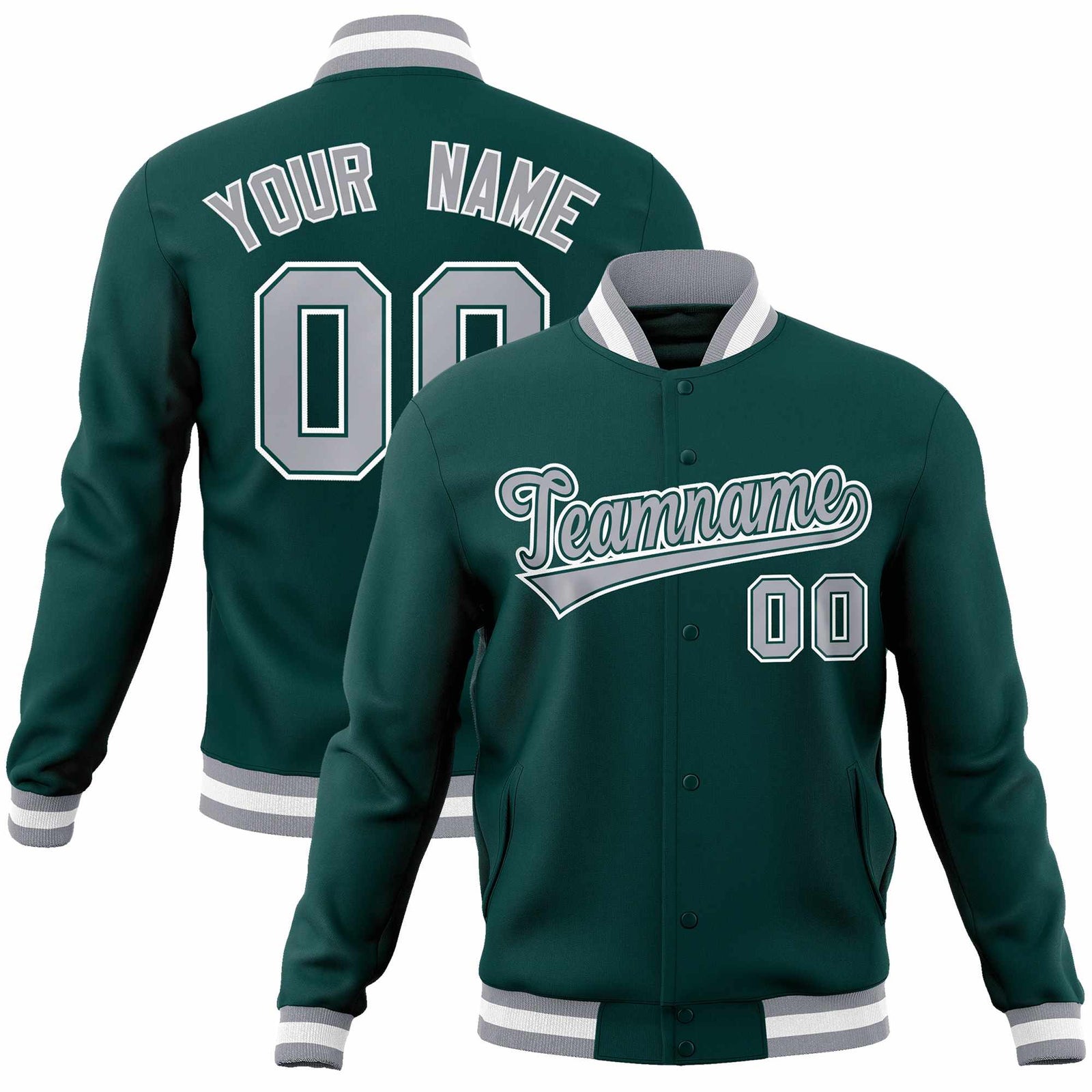Custom Midnight Green Gray-White Classic Style Varsity Full-Snap Letterman Jacket
