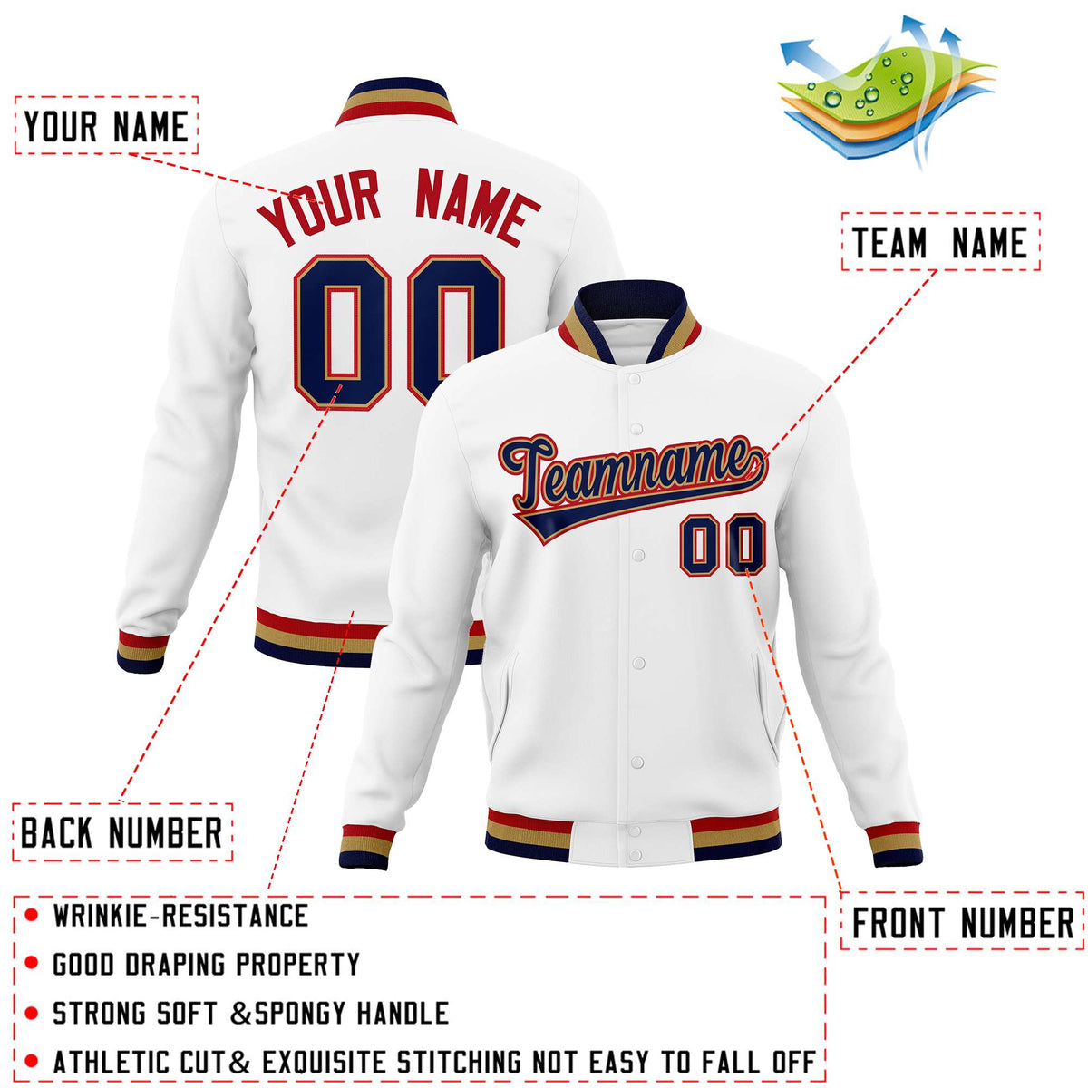 Custom White Navy-Red Classic Style Varsity Full-Snap Letterman Jacket