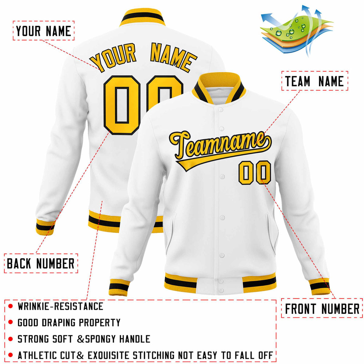 Custom White Gold-Black Classic Style Varsity Full-Snap Letterman Jacket