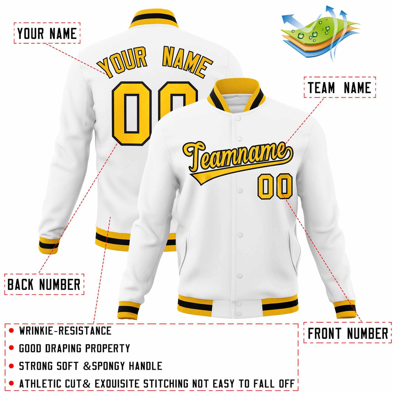 Custom White Gold-Black Classic Style Varsity Full-Snap Letterman Jacket