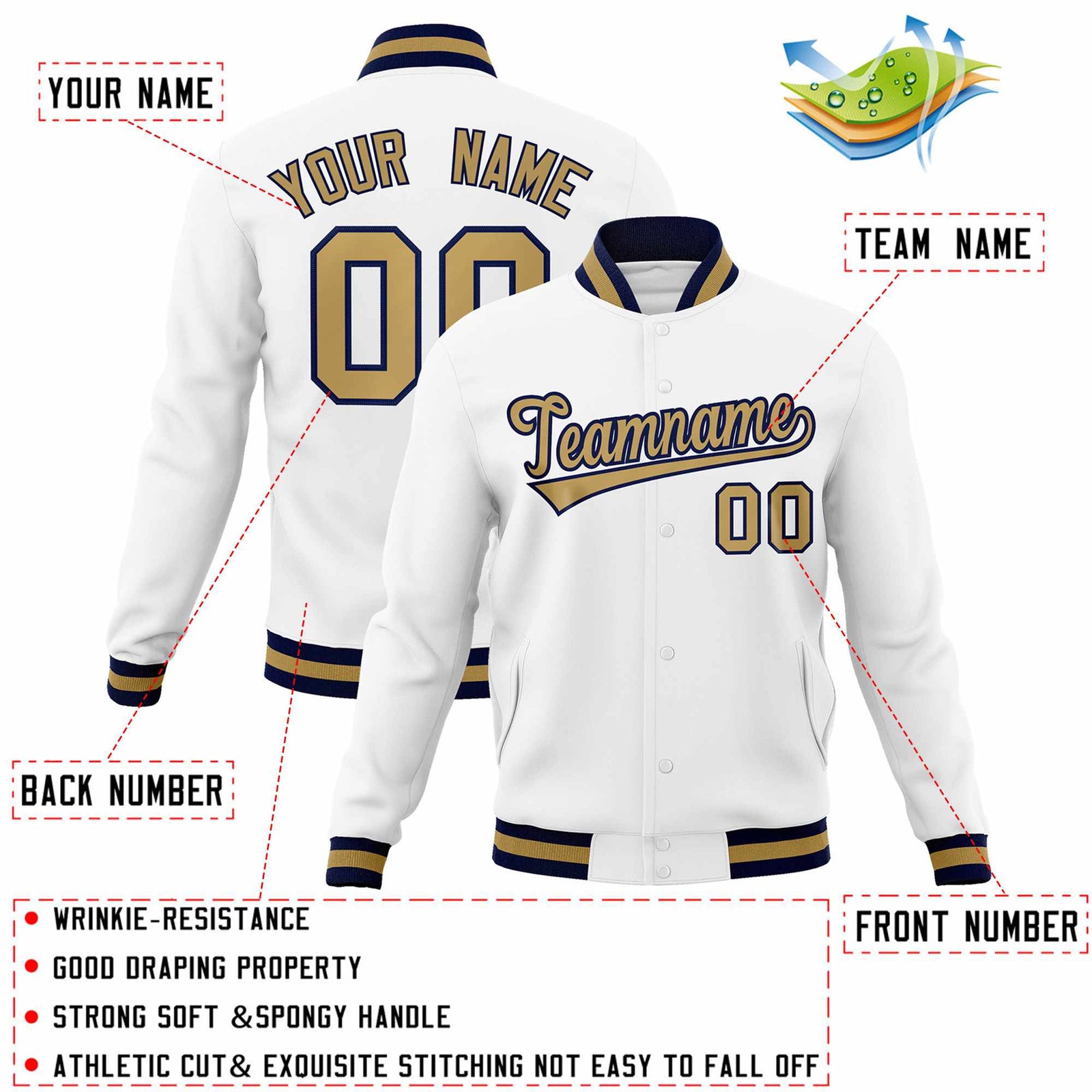 Custom White Old Gold-Navy Classic Style Varsity Full-Snap Letterman Jacket
