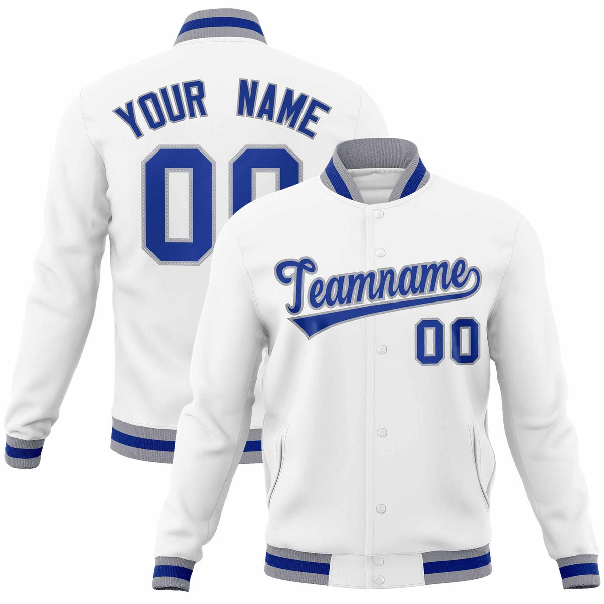 Custom White Royal-Gray Classic Style Varsity Full-Snap Letterman Jacket