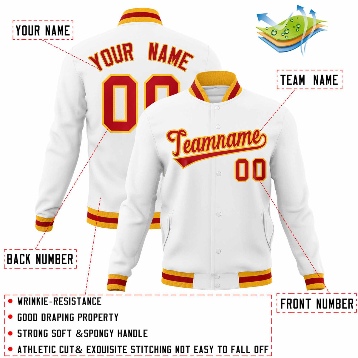 Custom White Red-Gold Classic Style Varsity Full-Snap Letterman Jacket